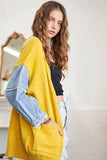 ADORA Plus Size Frayed Denim Sleeve Sweater Cardigan.