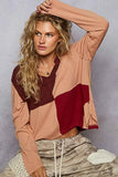POL Color Block Notched Long Sleeve T-Shirt.