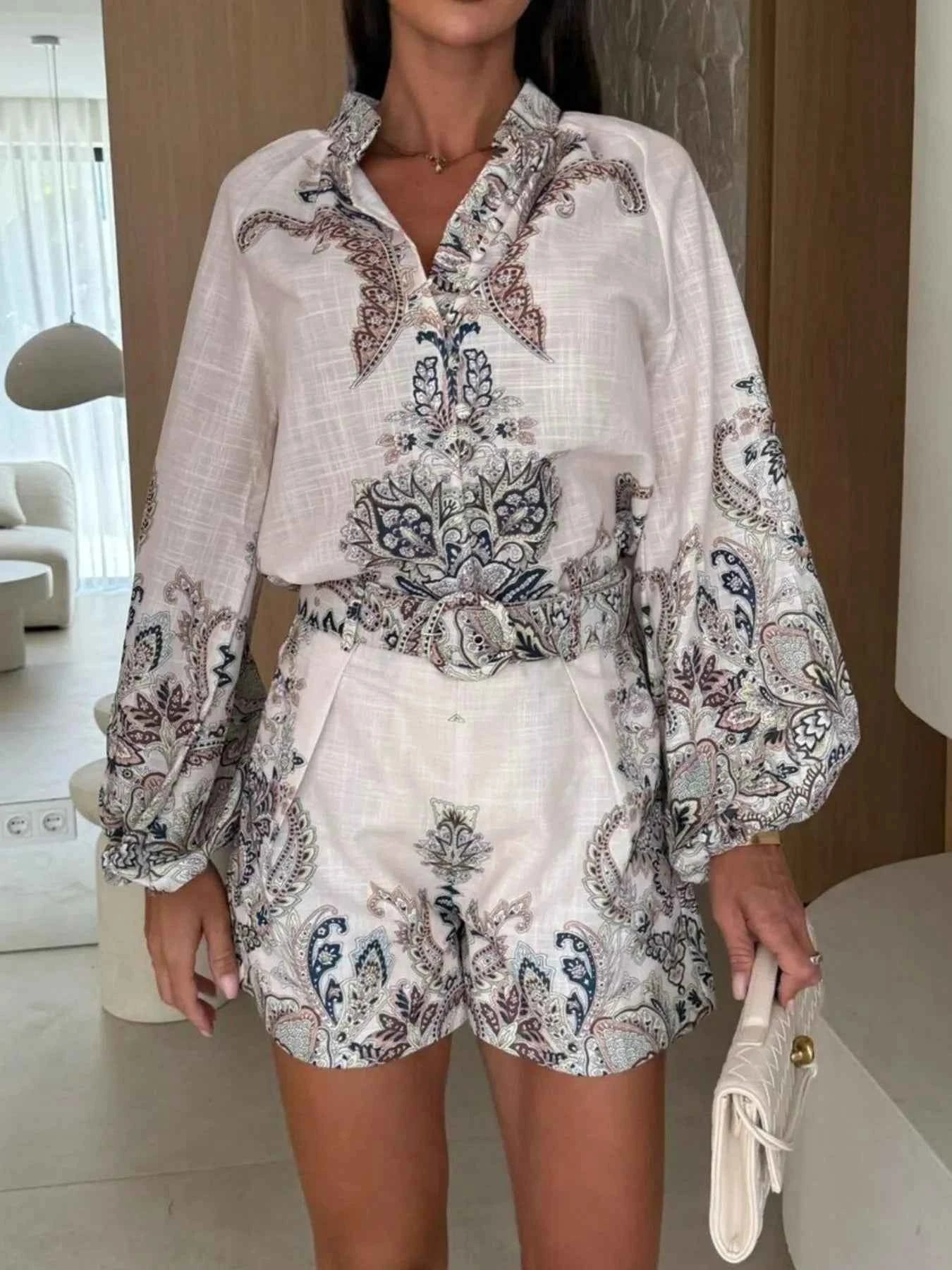 Printed Long Sleeve Shirt and Shorts Set.
