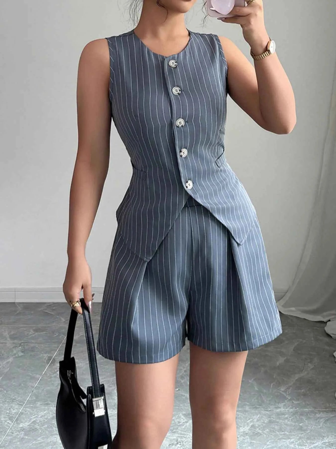 Striped Button-Up Vest and Shorts Set.
