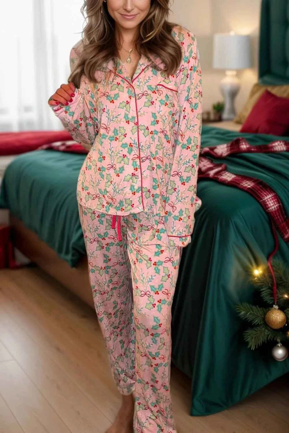 Printed Collared Neck Long Sleeve Top and Pants Lounge Set.
