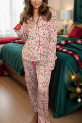 Printed Collared Neck Long Sleeve Top and Pants Lounge Set.