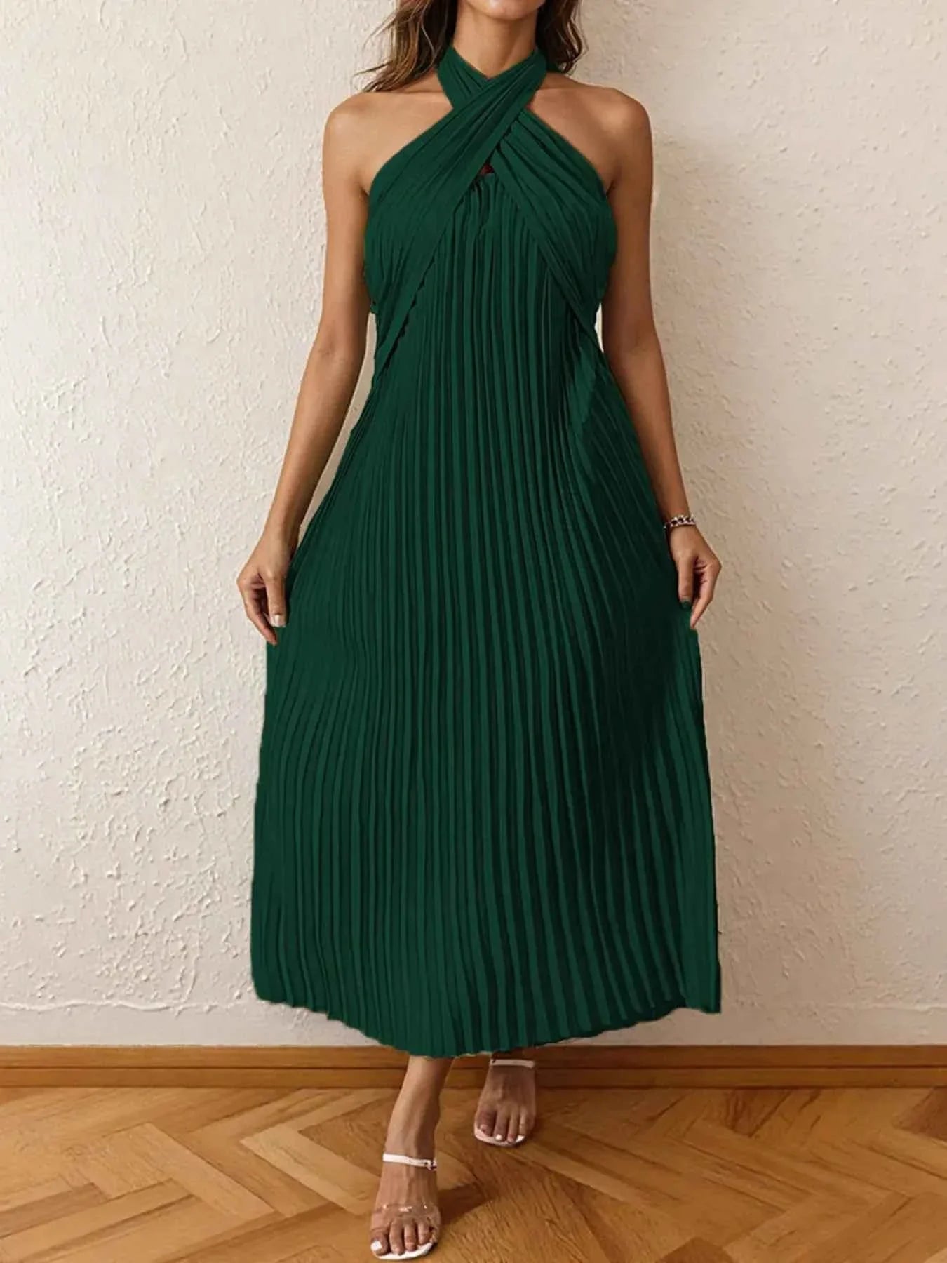 Pleated Halter Neck Midi Dress.