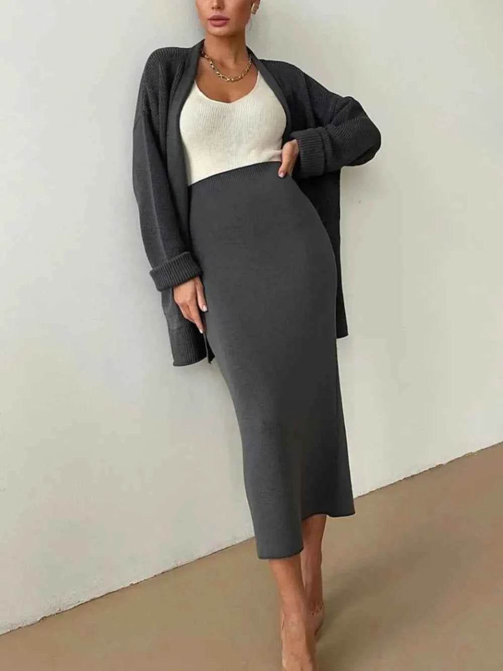 Pocketed Long Sleeve Cardigan and Skirt Sweater Set.