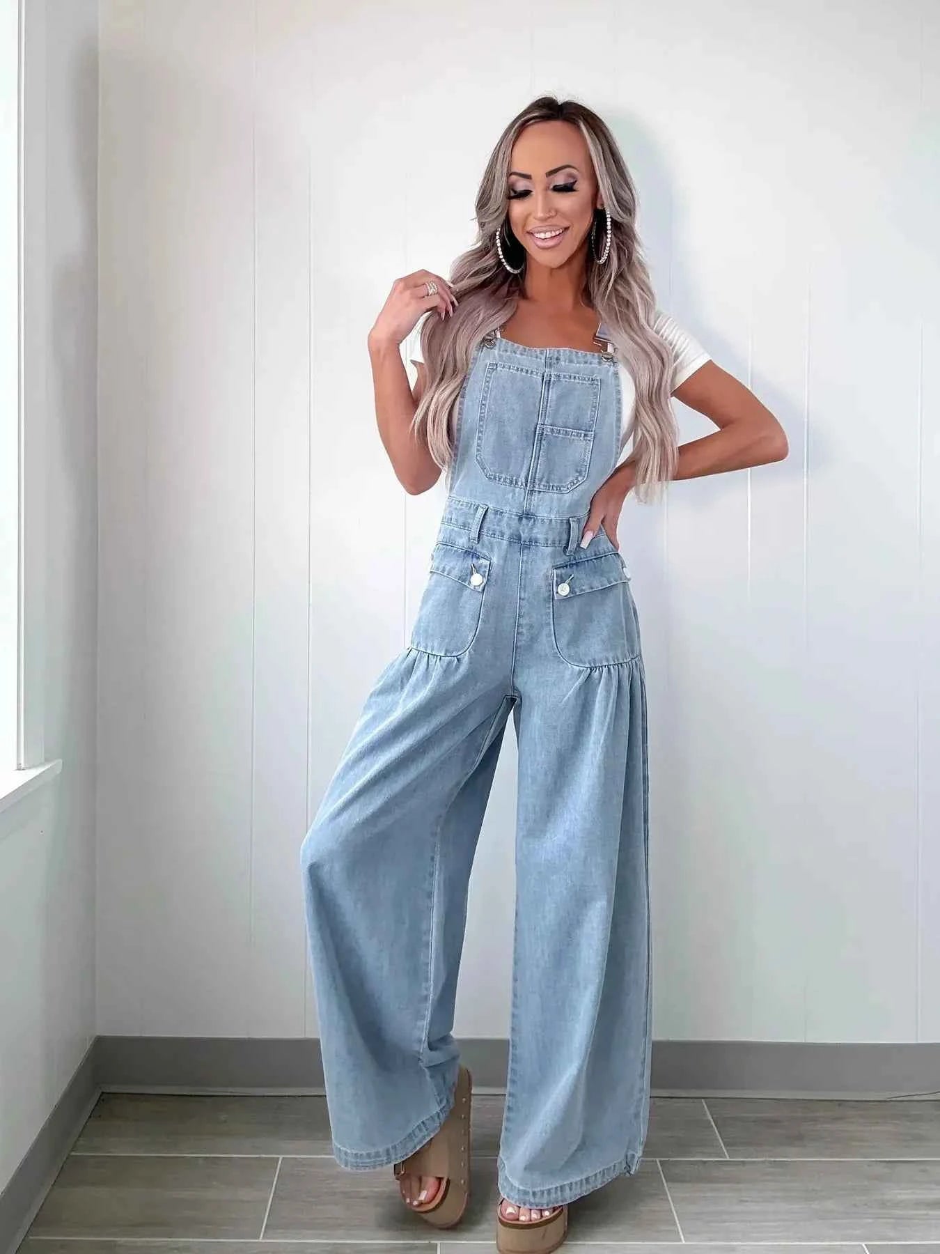 Wide Leg Denim Overalls.