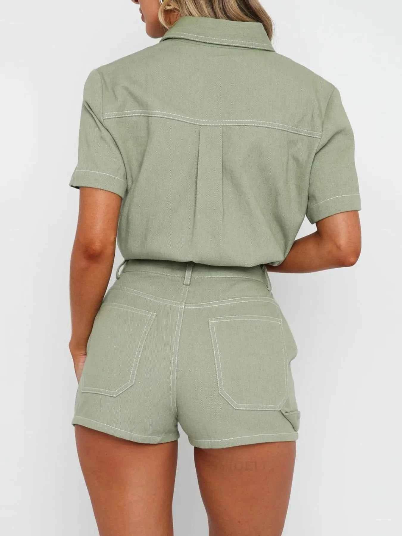 Button Up Denim Set: Short Sleeve Top and Shorts for Effortless Style - EBYNN