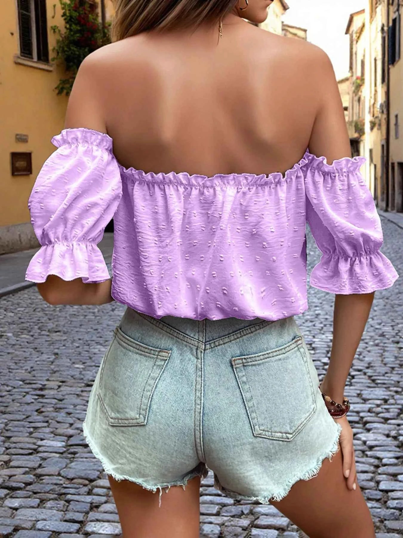 Off-Shoulder Swiss Dot Blouse with Tie Front.