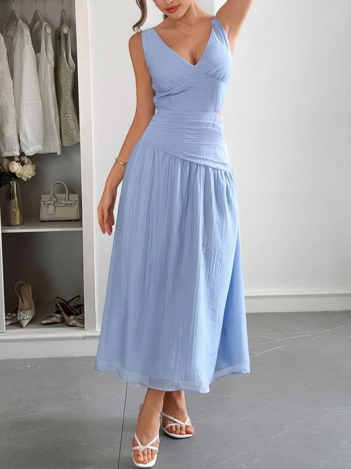 Cutout V-Neck Sleeveless Midi Dress.