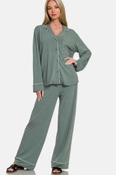 Zenana Cozy Button Down Long Sleeve Top & Pants Set.