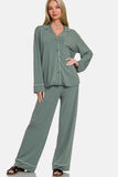 Zenana Cozy Button Down Long Sleeve Top & Pants Set.