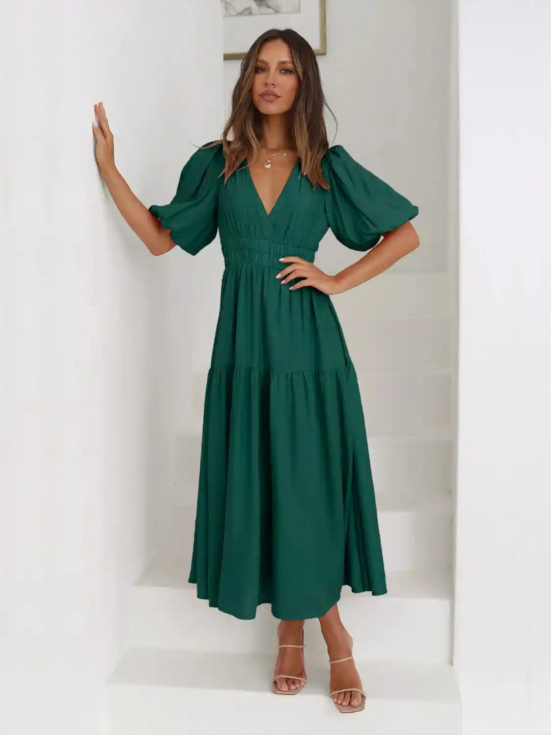 Tiered Surplice Half Sleeve Midi Dress.