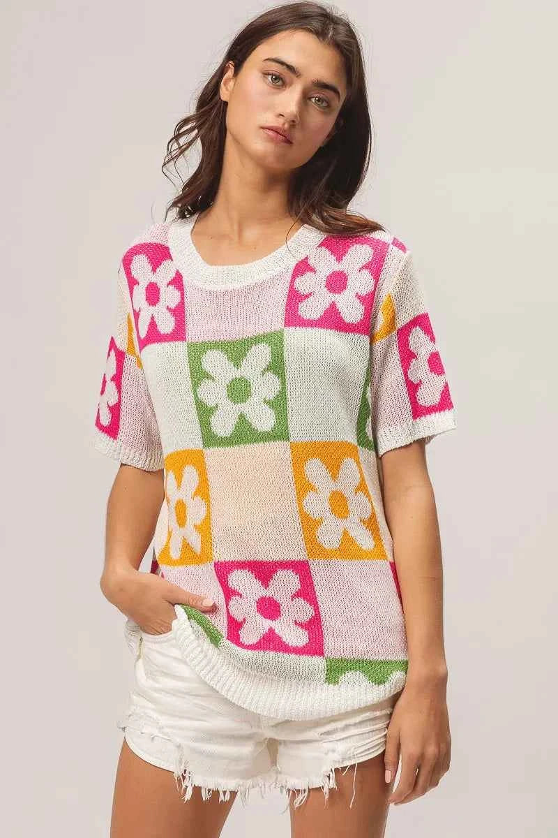 BiBi Floral Checker Pattern Lightweight Pullover Sweater.