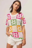 BiBi Floral Checker Pattern Lightweight Pullover Sweater.