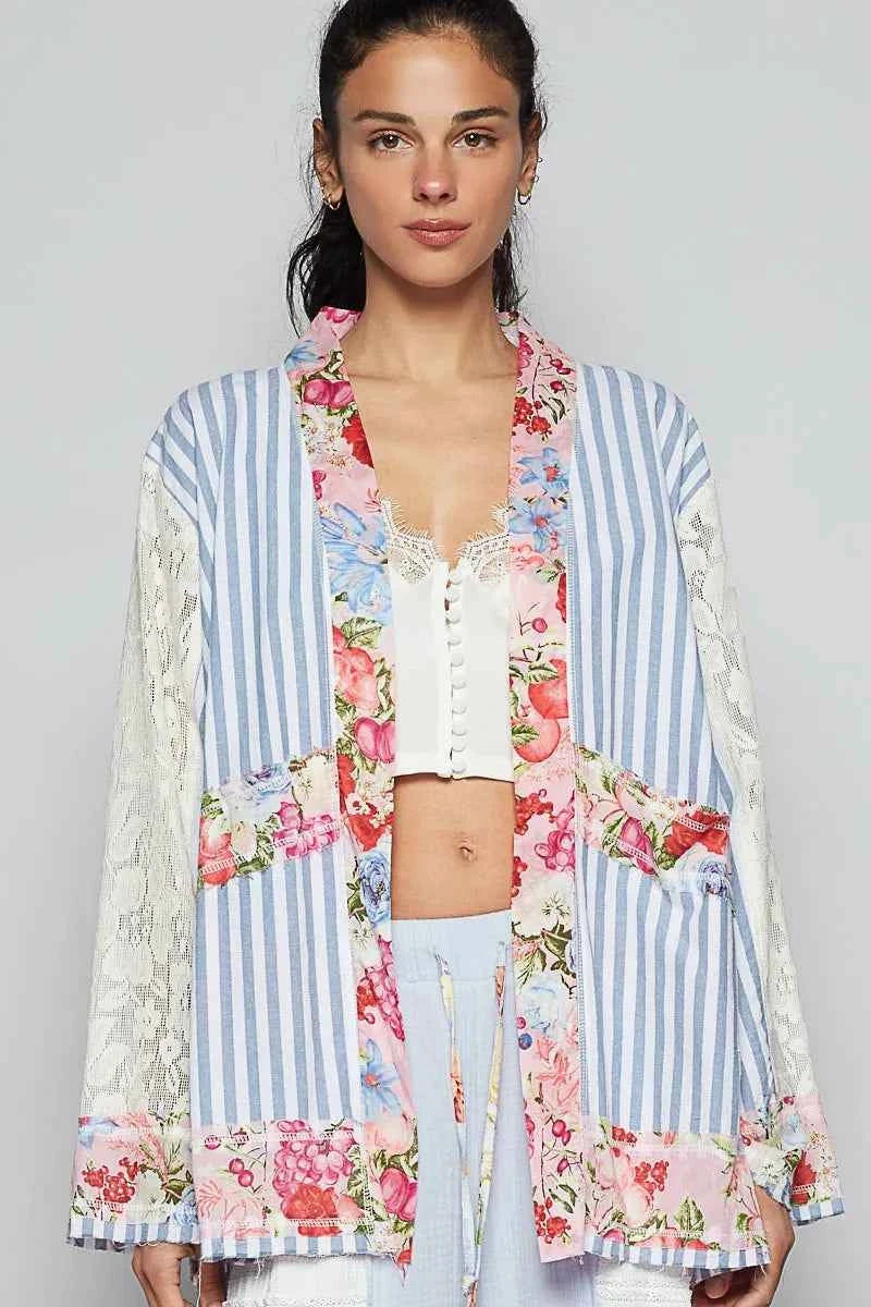Lace Long Sleeve Striped Cardigan with Floral Patchwork.