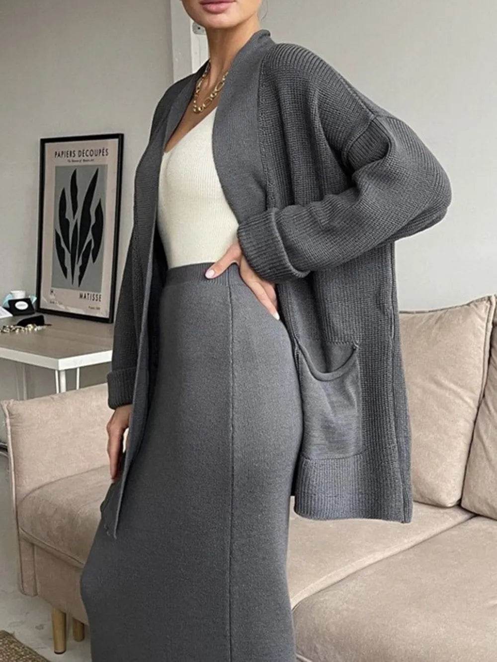 Pocketed Long Sleeve Cardigan and Skirt Sweater Set.