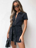 Plus Size Zip Front Short Sleeve Denim Dress.