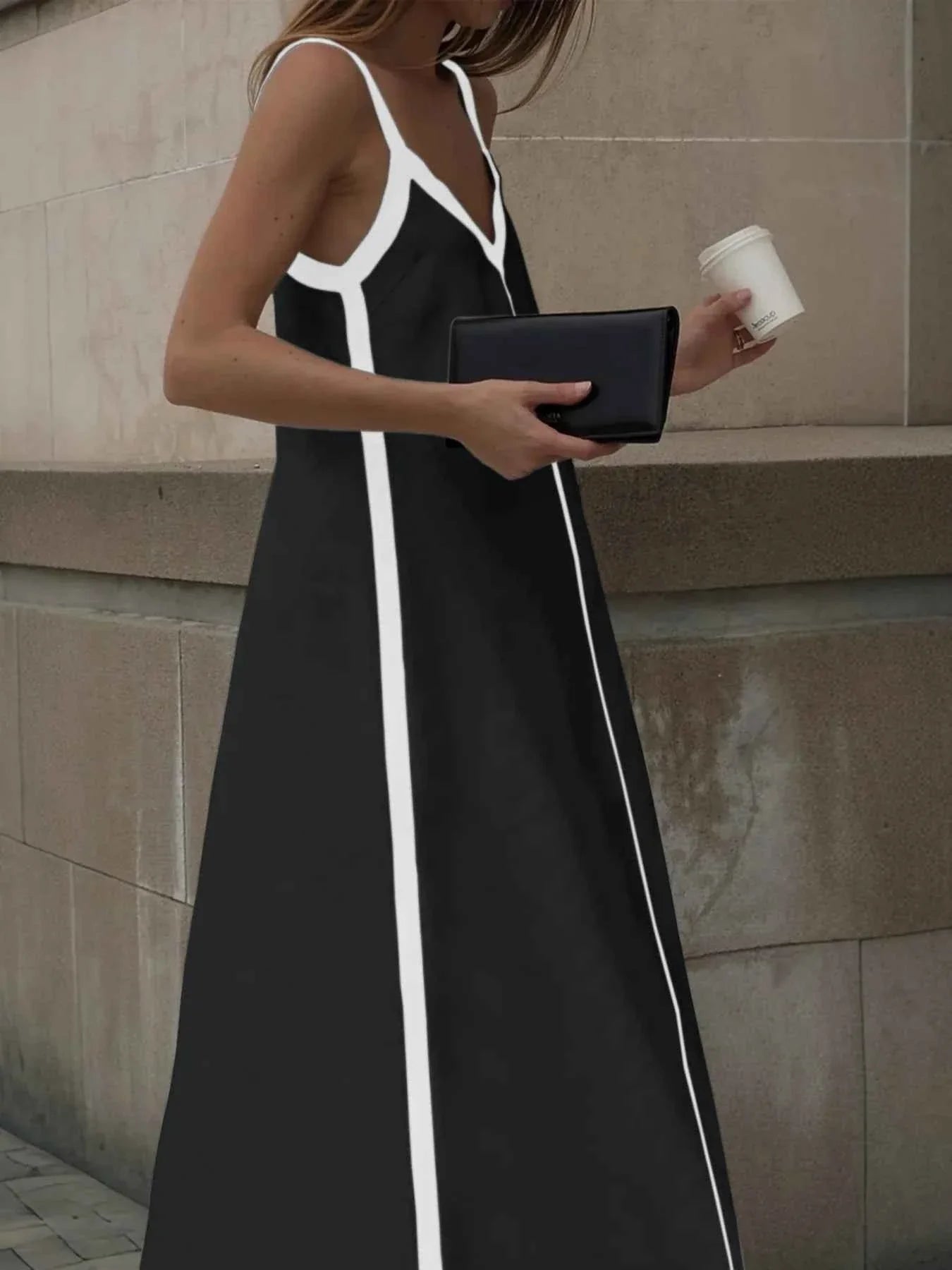 Contrast Trim V-Neck Maxi Dress.