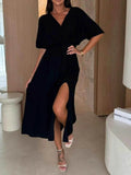 Slit Surplice Half Sleeve Midi Dress.