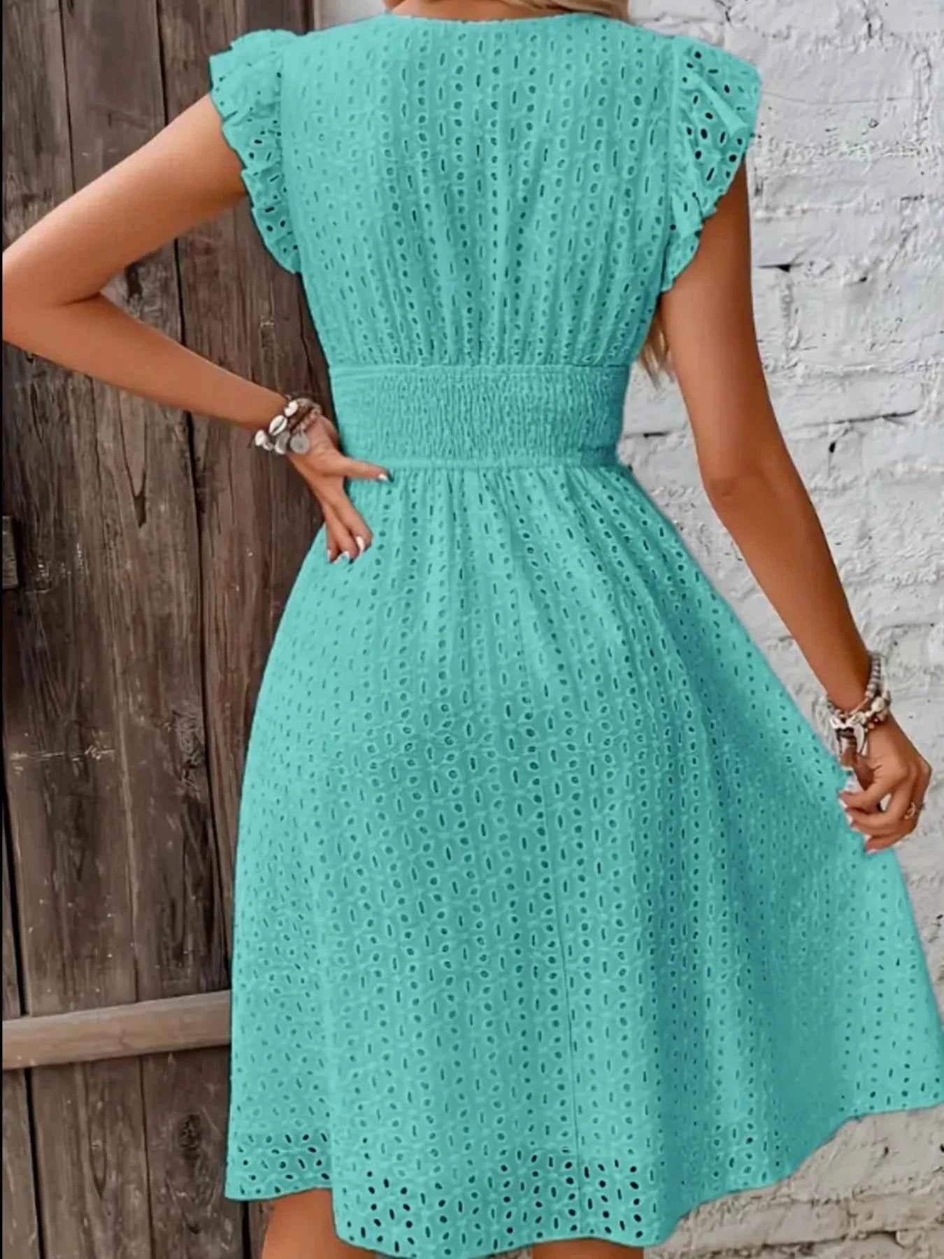 Eyelet Ruffled Cap Sleeve Mini Dress.