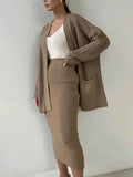 Pocketed Long Sleeve Cardigan and Skirt Sweater Set.