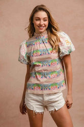 Ruffle Neckline Blouse with Embroidery for Effortless Style - EBYNN