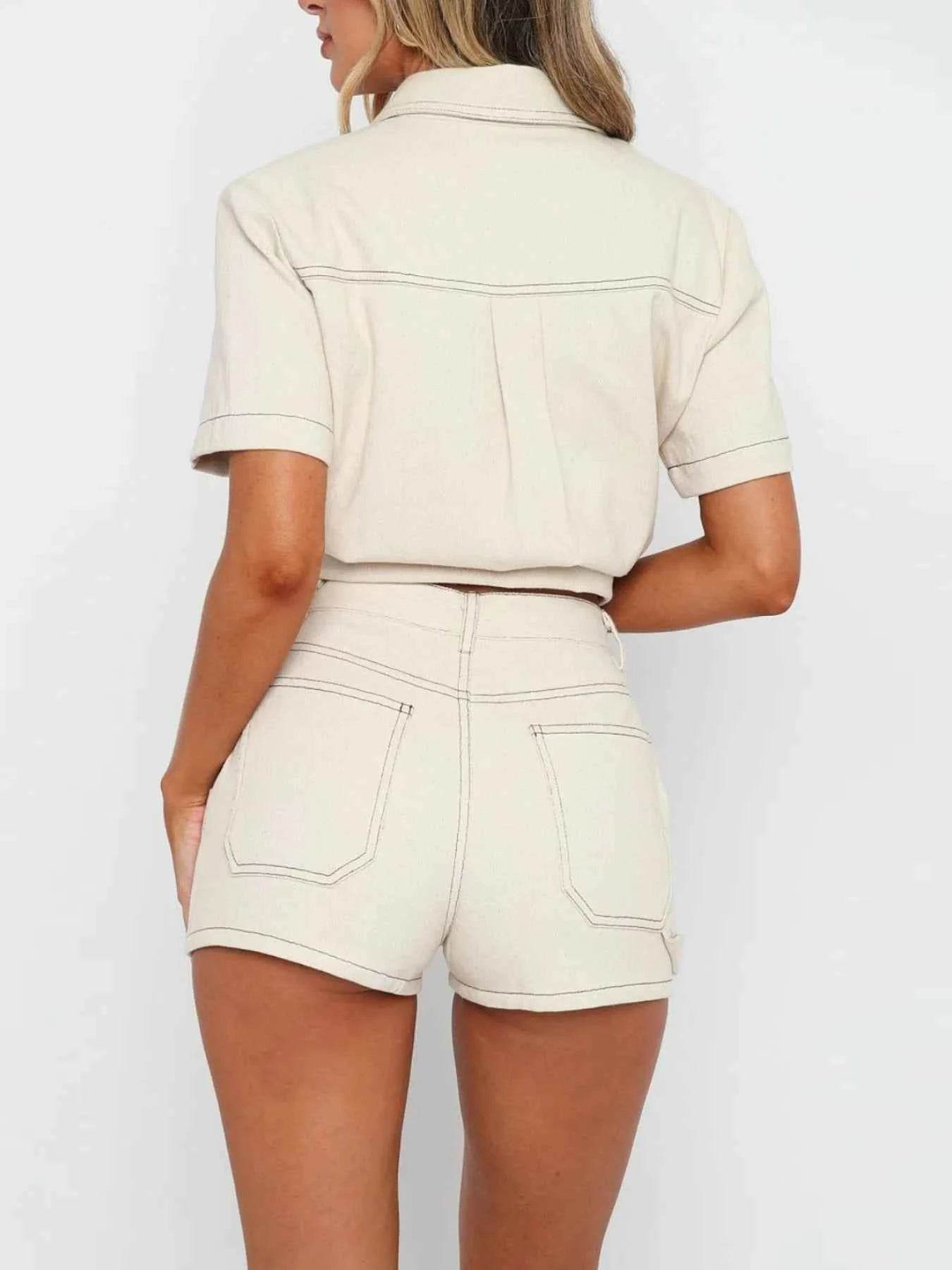 Button Up Denim Set: Short Sleeve Top and Shorts for Effortless Style - EBYNN