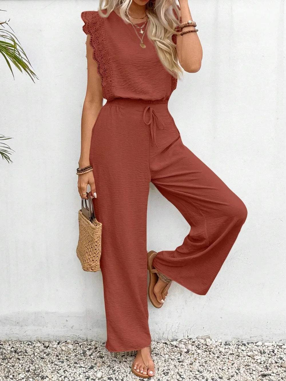 Lace Trim Round Neck Top and Pants Set - EBYNN