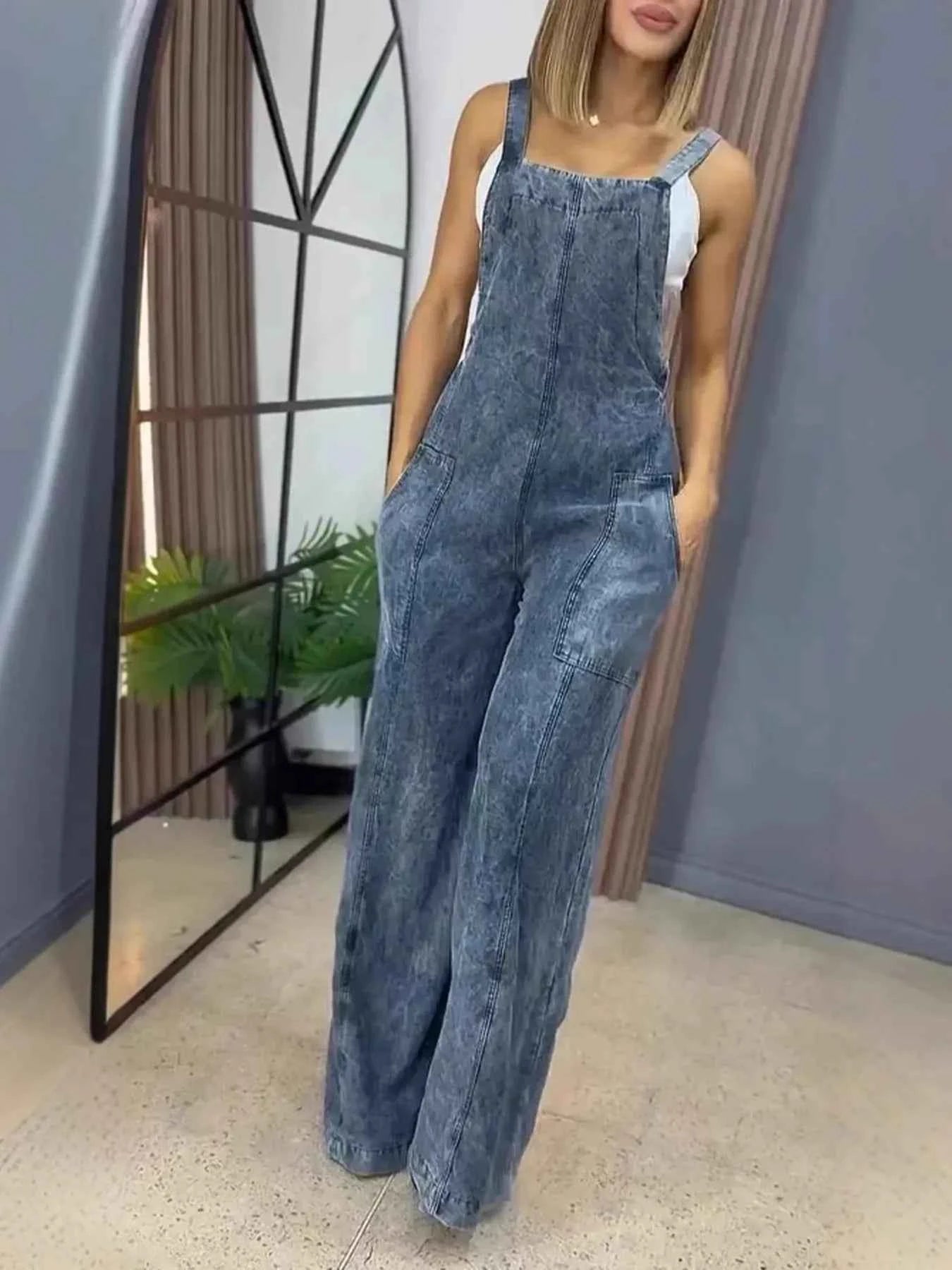 Plus Size Wide Leg Washed Denim Overalls.
