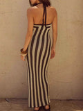 Slit Striped Halter Neck Dress.