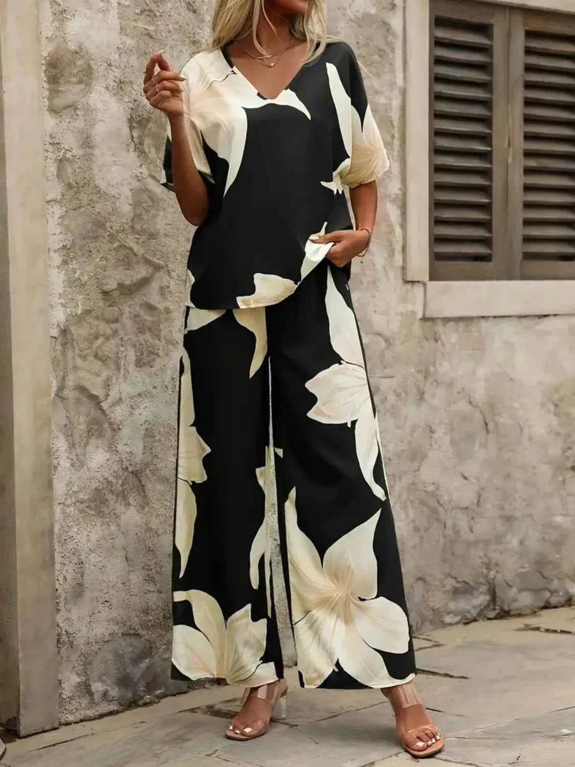 Printed V-Neck Top and Wide Leg Pants Set - EBYNN