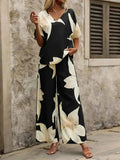Printed V-Neck Top and Wide Leg Pants Set - EBYNN