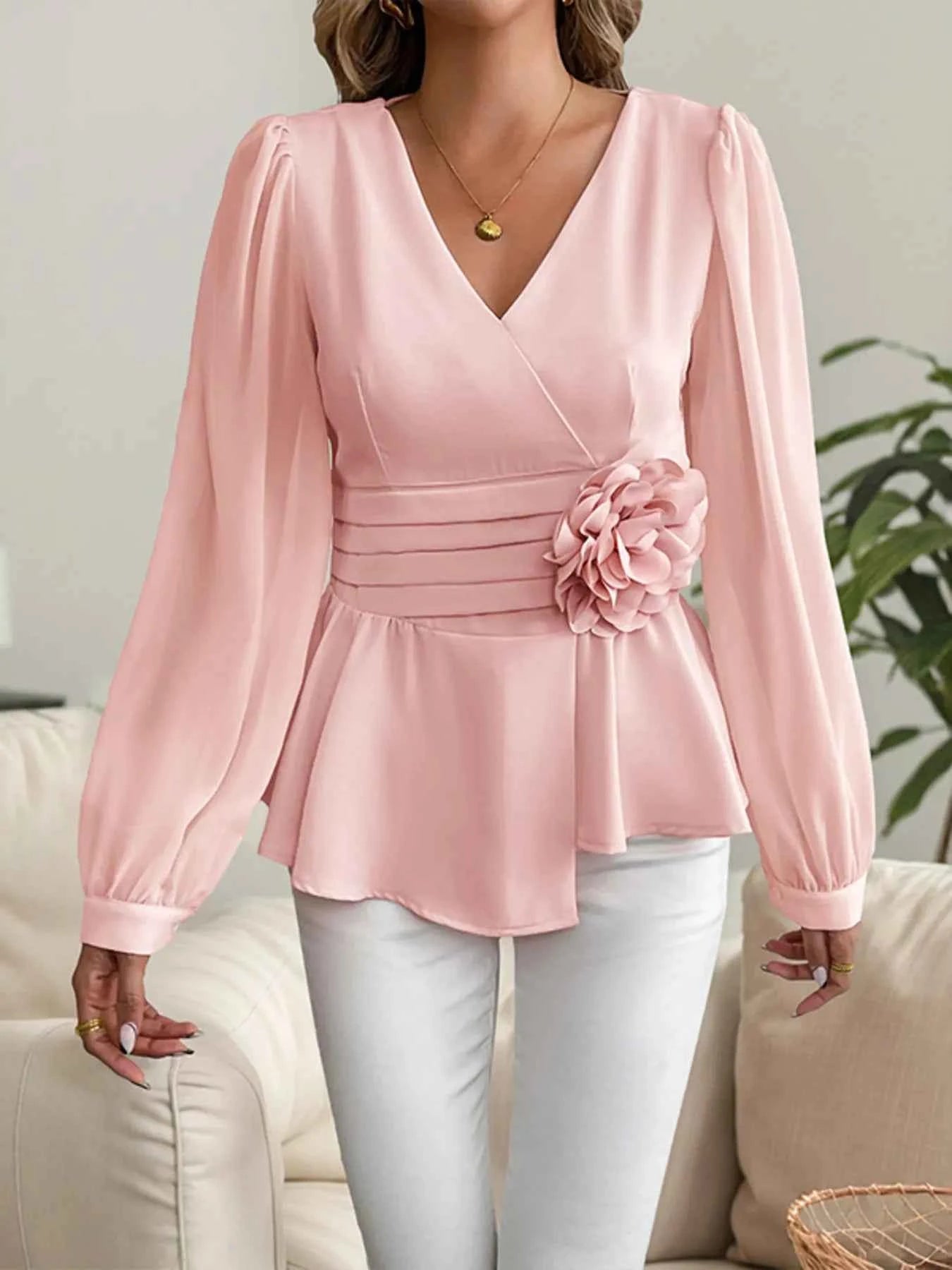 Flower Surplice Long Sleeve Blouse.