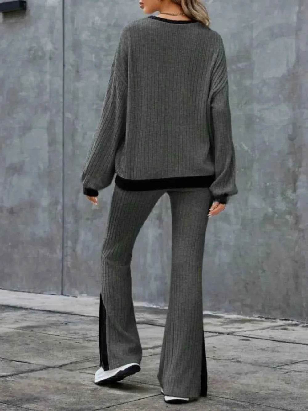 Contrast Round Neck Long Sleeve Top & Bootcut Pants Set.