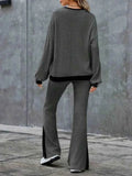 Contrast Round Neck Long Sleeve Top & Bootcut Pants Set.