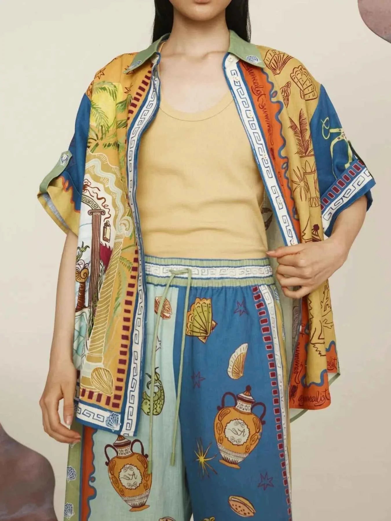 Printed Button Up Shirt and Pants Set.