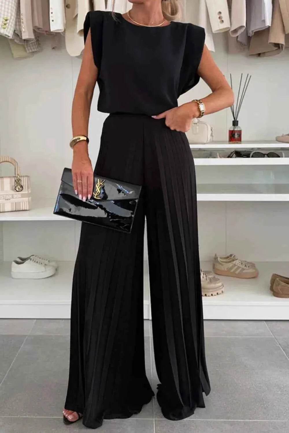 Round Neck Top and Pleated Pants Set - EBYNN