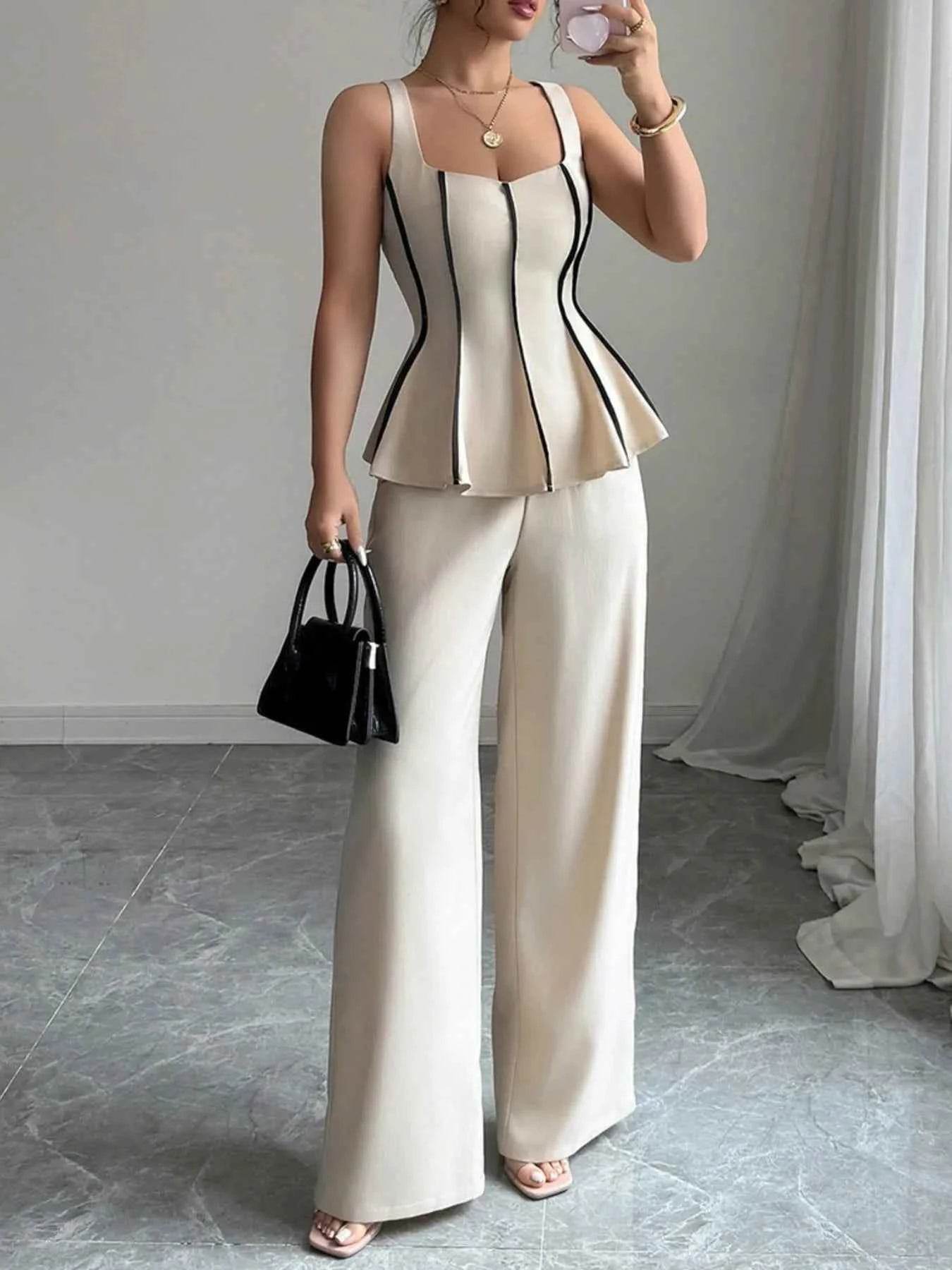 Contrast Piping Pants Set: Stylish Top and Wide Leg Pants Combo - EBYNN