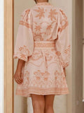 Printed Button Down Shirt Dress with Belt.