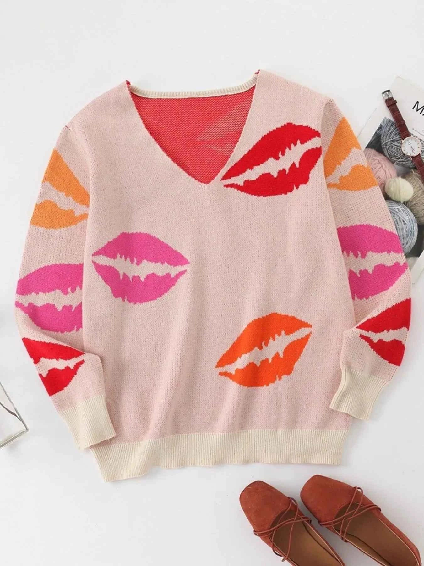 Colorful Lips V-Neck Sweater.