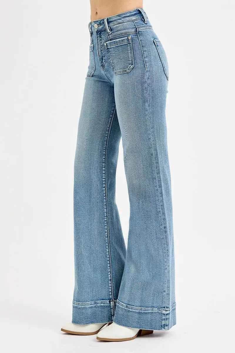 RISEN Plus Size High Rise Wide Flare Patch Pocket Jeans.