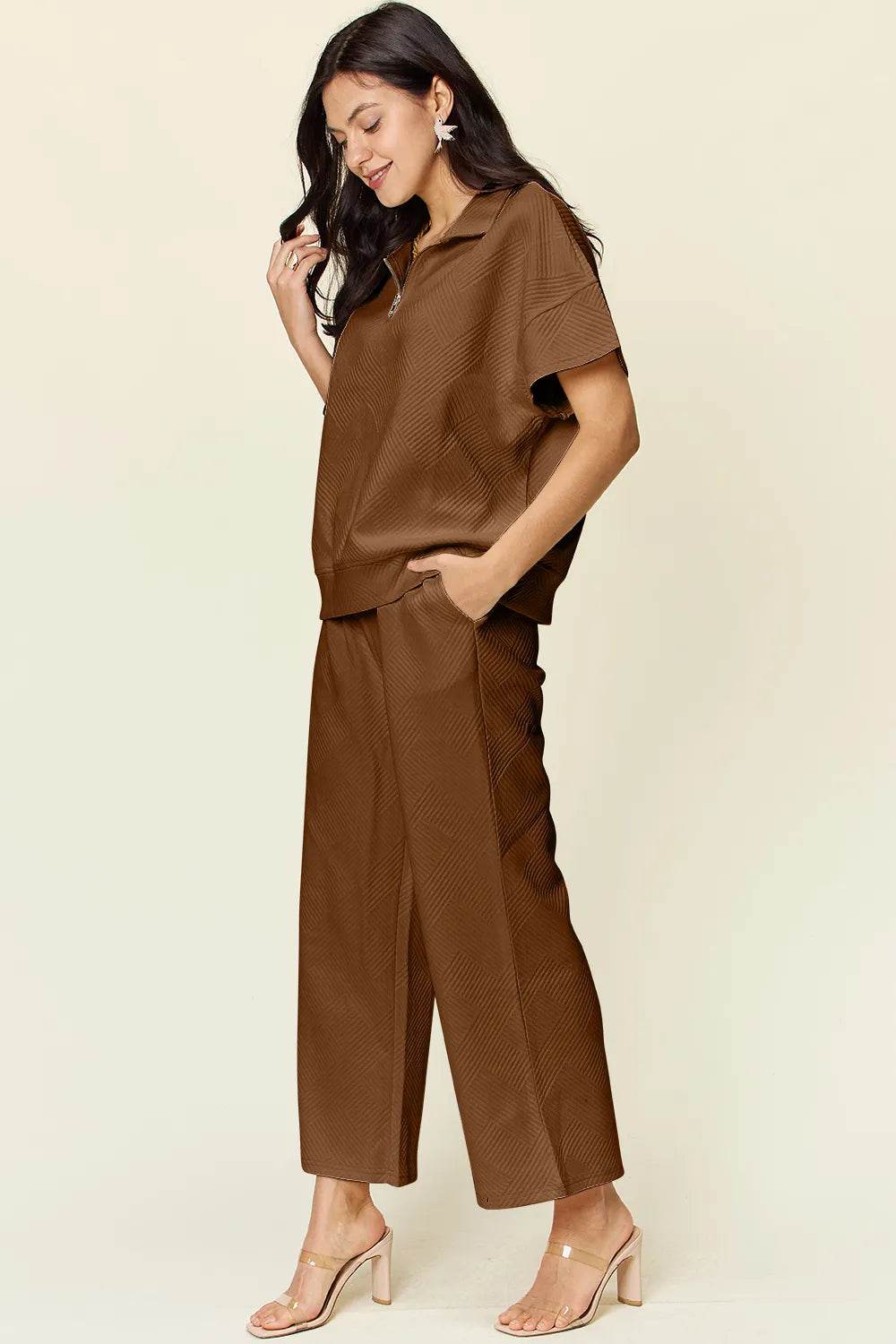Double Take Texture Set: Full Size Half Zip Top & Pants Set - EBYNN