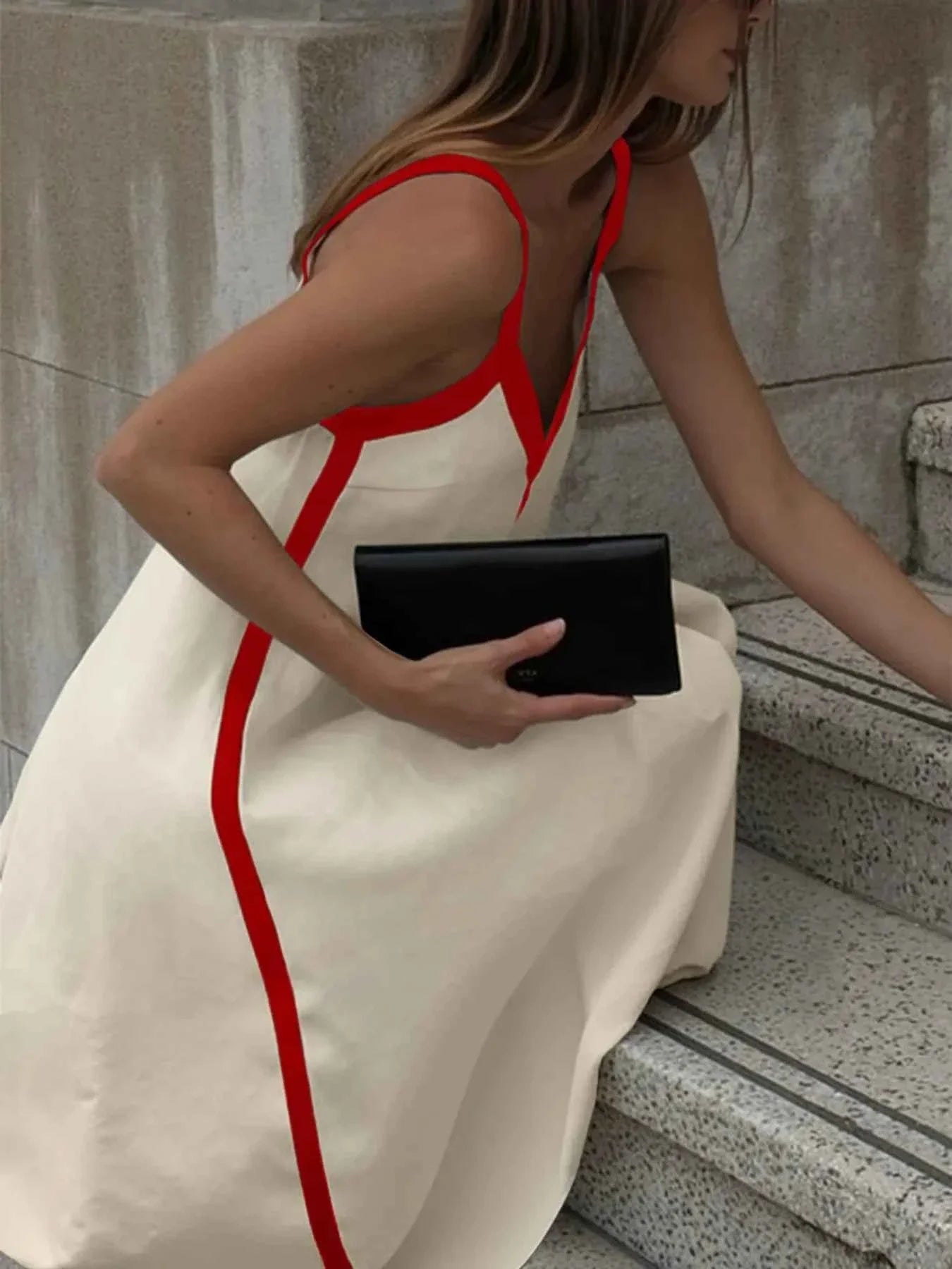 Contrast Trim V-Neck Maxi Dress.