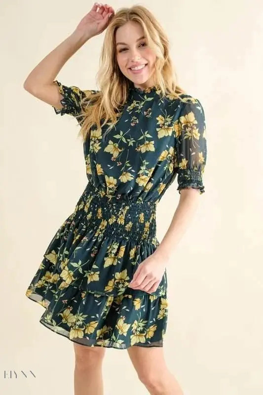 Floral Print Smocked Waist Mini Dress - EBYNN