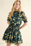 Floral Print Smocked Waist Mini Dress - EBYNN