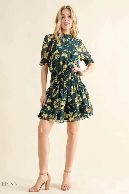 Floral Print Smocked Waist Mini Dress - EBYNN