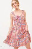Boho Printed Tied Front Smocked Back Tiered Dress - EBYNN