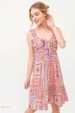Boho Printed Tied Front Smocked Back Tiered Dress - EBYNN