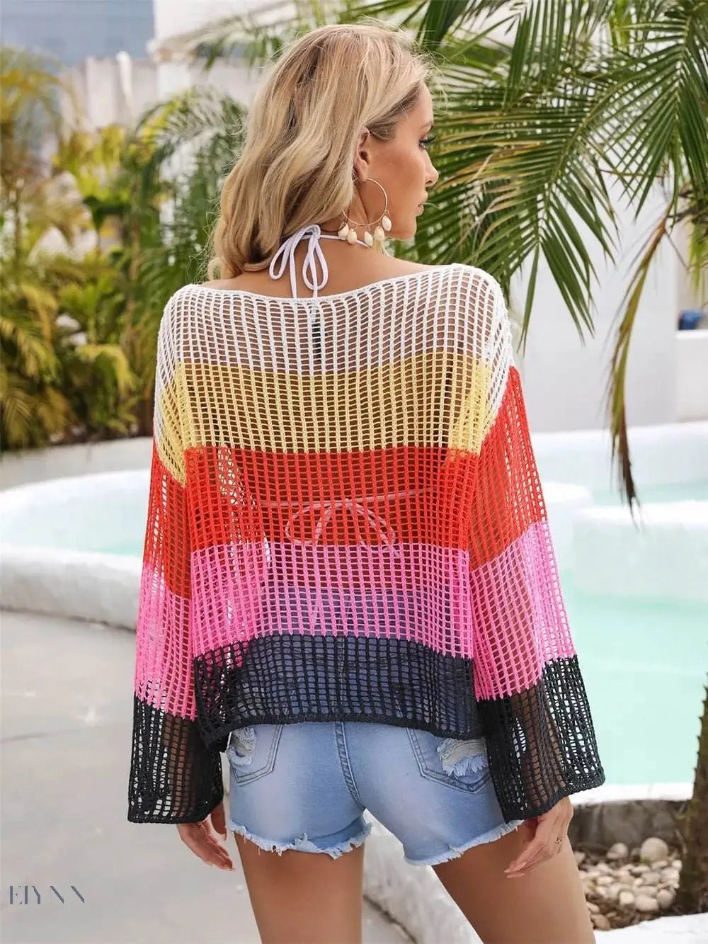 Angel Wings Color Block Openwork Boat Neck Cover Up - EBYNN