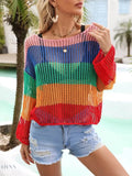 Angel Wings Color Block Openwork Boat Neck Cover Up - EBYNN