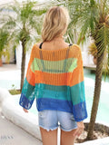 Angel Wings Color Block Openwork Boat Neck Cover Up - EBYNN